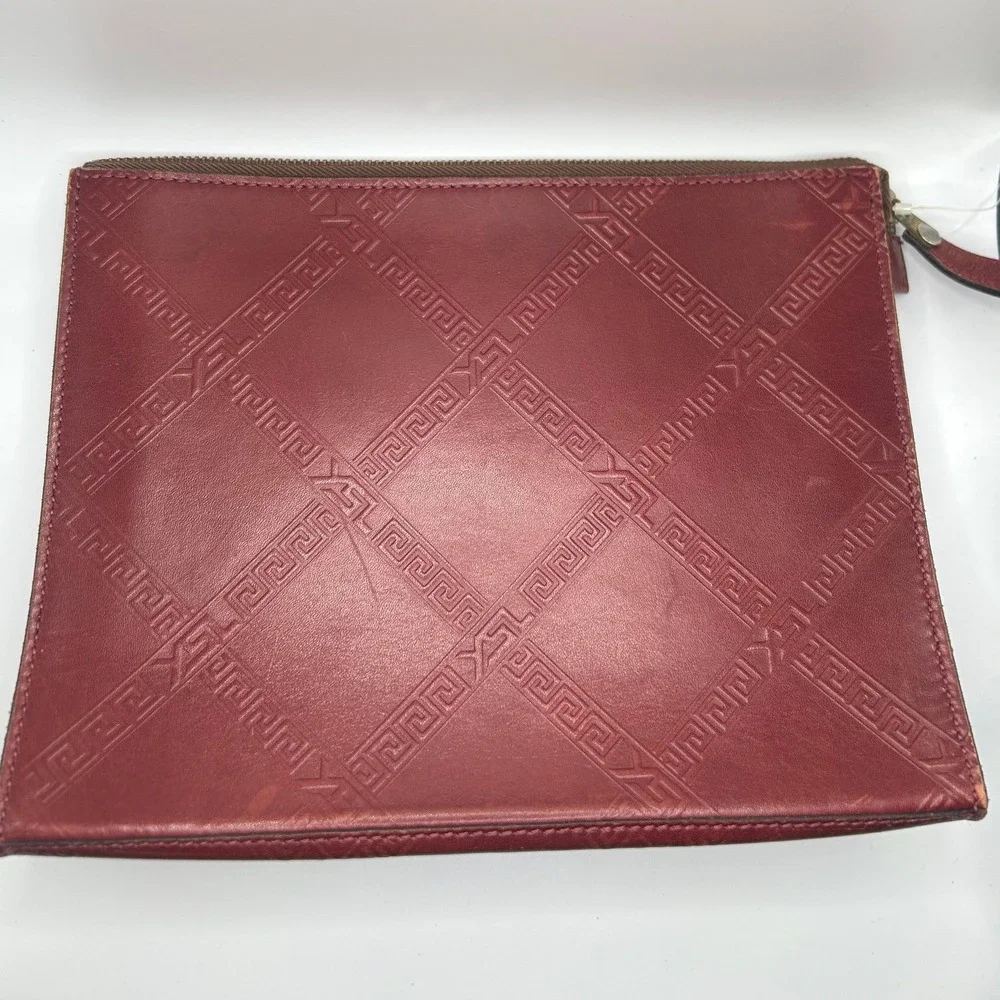 YSL Logo embossed Leather Clutch Burgundy Red Pouch Cosmetic Bag#194 - Picture 2 of 7